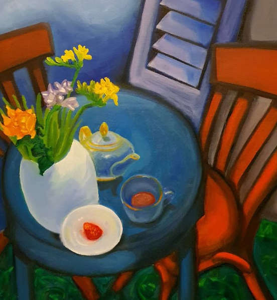 Tee Erdbeere Stillleben Gemälde Roter Stuhl